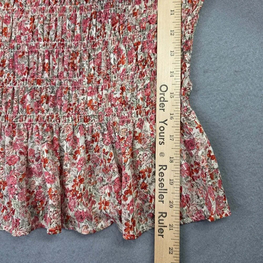LucyParis Top Womens Medium Pink Floral Smocked Puff Sleeve Peplum Boho Festive